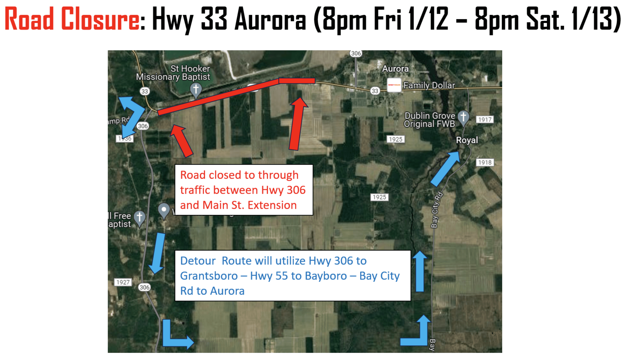 A map showing the detour route for an upcoming highway closure in Aurora